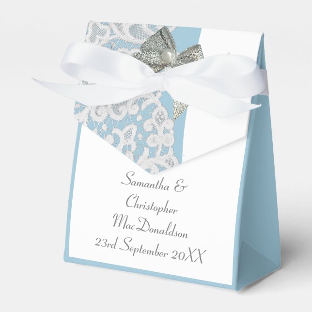 Pastel blue and white damask lace wedding favour box (Front Side)