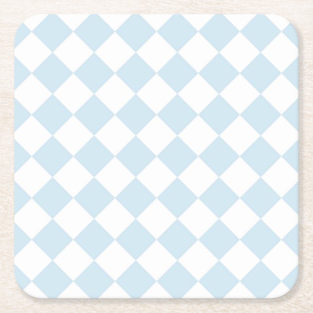 Pastel Blue and White Diamond Chequered Pattern Square Paper Coaster (Front)
