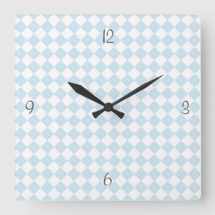 Pastel Blue and White Diamond Chequered Pattern Square Wall Clock