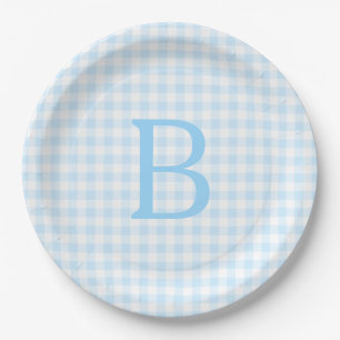 Pastel Blue and White Gingham Monogram Paper Plate
