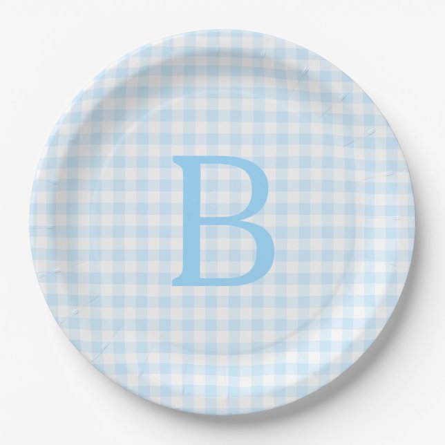 Pastel Blue and White Gingham Monogram Paper Plate (Front)