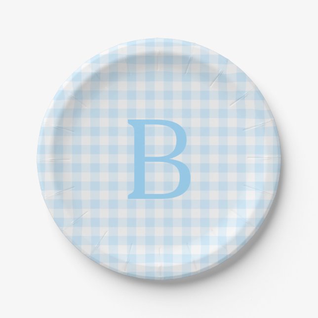 Pastel Blue and White Gingham Monogrammed Paper Plate (Front)