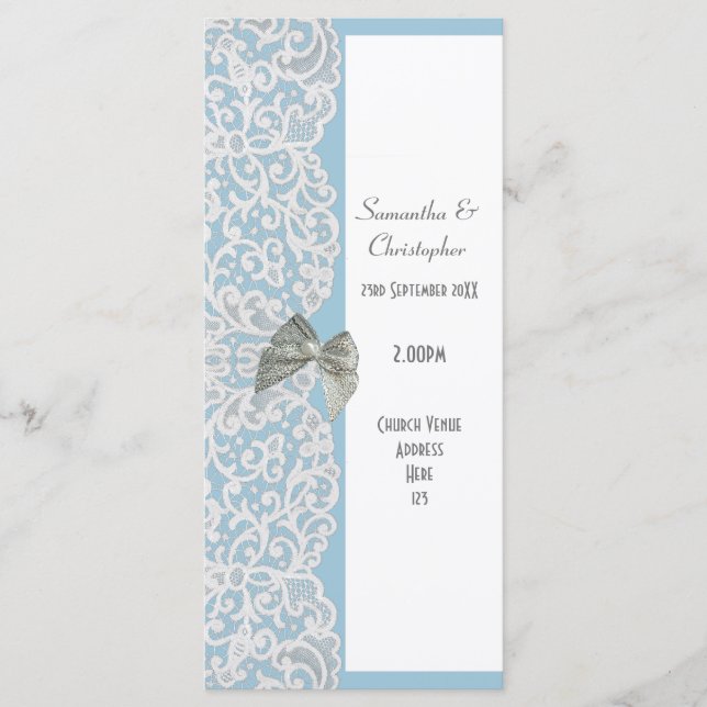 Pastel blue and white lace church wedding program programme (Front)