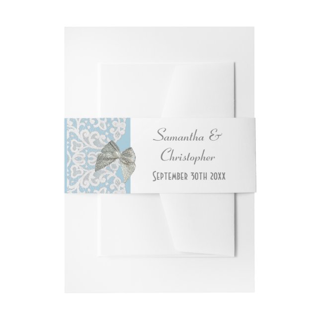 Pastel blue and white lace  traditional wedding invitation belly band (Front Example)