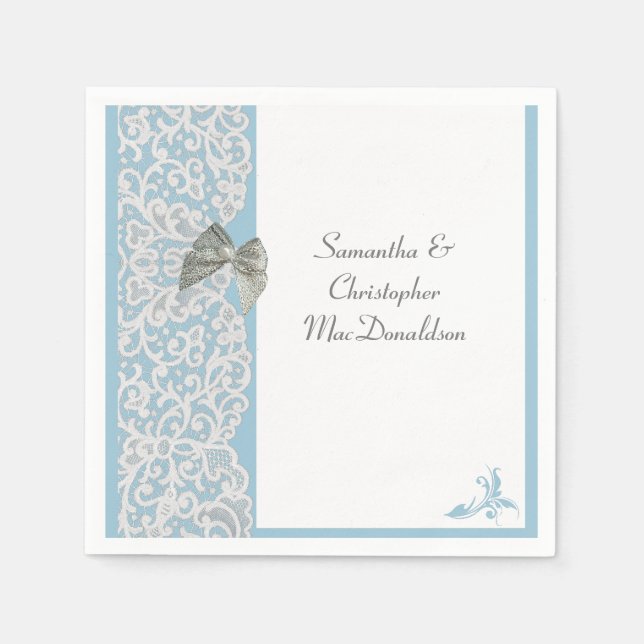 Pastel blue and white lace traditional wedding napkin (Front)