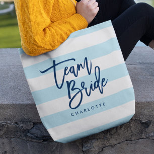 Pastel Blue and White Stripes Blue Team Bride Tote Bag