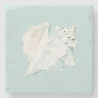 Pastel Blue and White Watercolor Seashell Stone Coaster