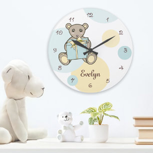 Pastel Blue and Yellow Cute Teddy Bear Children's Large Clock