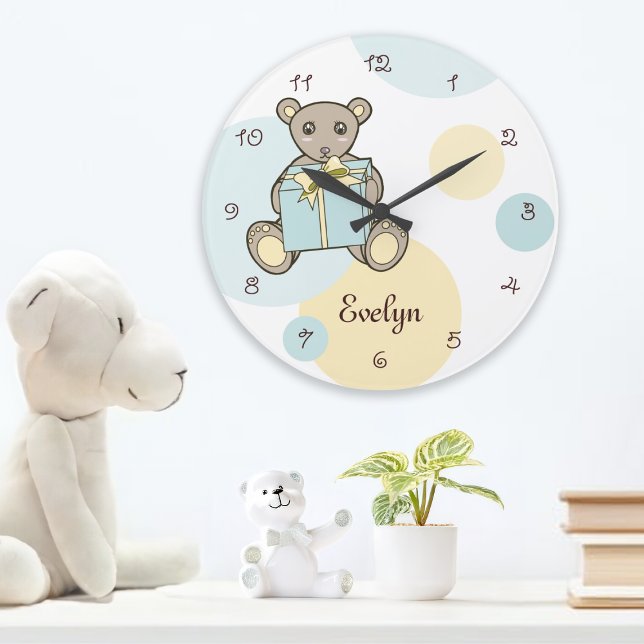 Pastel Blue and Yellow Cute Teddy Bear Children's Large Clock (Creator Uploaded)