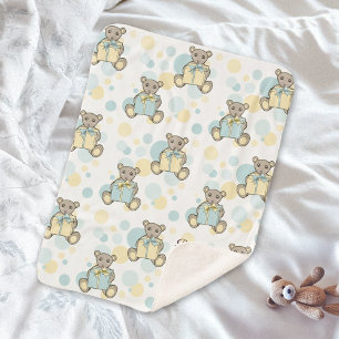 Pastel Blue and Yellow Cute Teddy Bear Sherpa Blanket