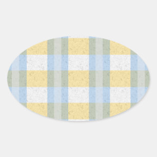 Pastel Blue and Yellow Plaid Pattern Oval Sticker