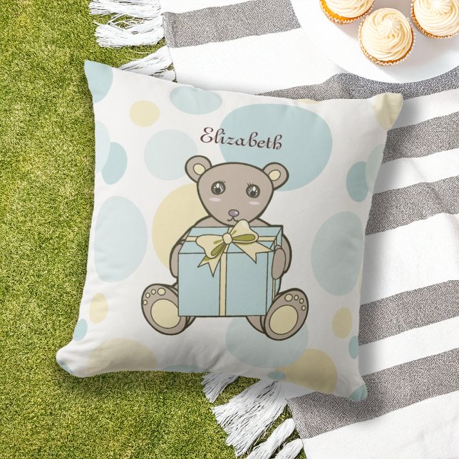 Pastel Blue and Yellow Teddy Bear Kids Outdoor Outdoor Cushion (Creator Uploaded)