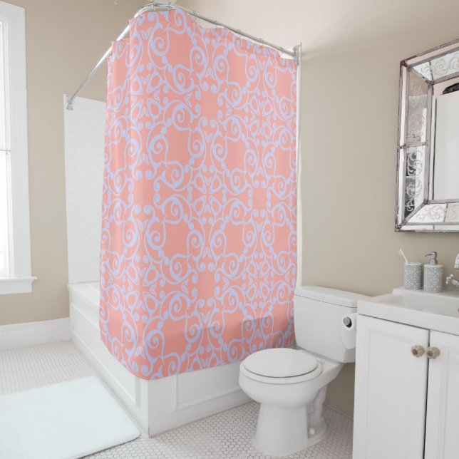 PASTEL BLUE APRICOT ABSTRACT ELEGANT PATTERN SHOWER CURTAIN (In Situ)