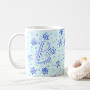 Pastel Blue Baby Blue Snowflakes Custom Monogram Coffee Mug
