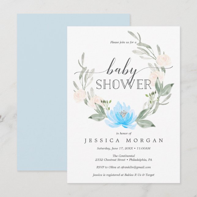Pastel Blue Baby Shower Invitation Shower Invites (Front/Back)