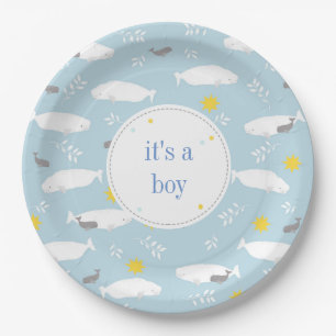 Pastel blue beluga whale stars baby shower design paper plate