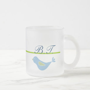 Pastel Blue Bird Monogrammed Frosted Glass Coffee Mug