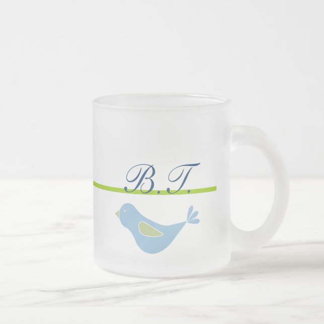 Pastel Blue Bird Monogrammed Frosted Glass Coffee Mug (Right)