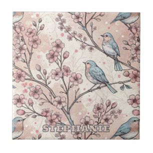 Pastel Blue Birds with Pink Cherry Blossoms Tile
