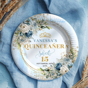 Pastel Blue Boho Floral Gold Glitter Quinceañera  Paper Plate