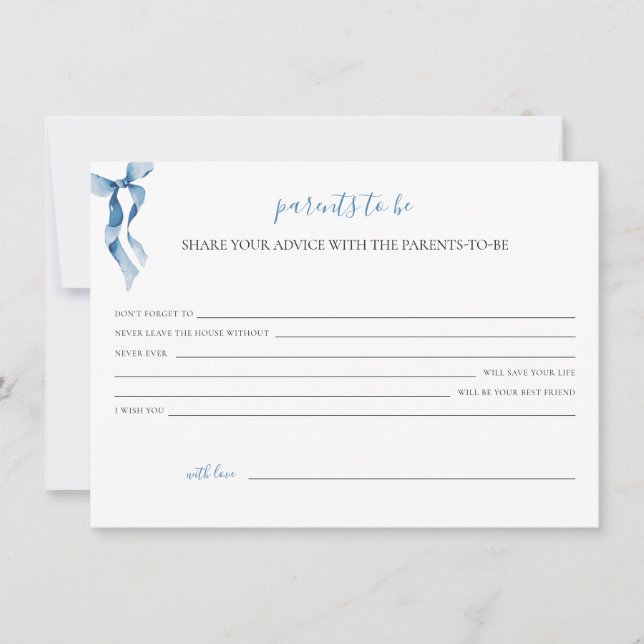 Pastel Blue Bow Baby Shower Advice for the parents Holiday Card (Front)
