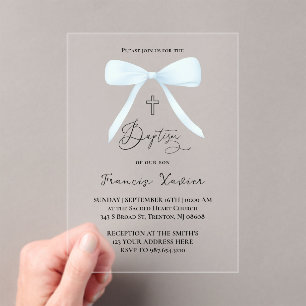 pastel blue bow Baptism Acrylic Invitations