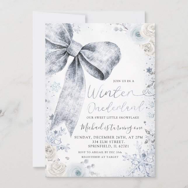 Pastel Blue Bow Winter Sprinkle Conquette Birthday Invitation (Front)