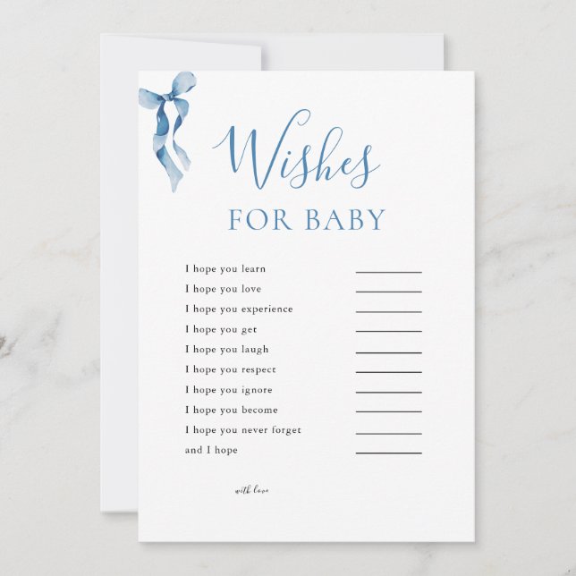 Pastel Blue Bow Wishes For Baby Shower Game Card (Front)
