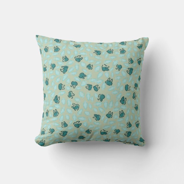 Pastel Blue Bunnies and Sky Blue Carrots on Cotton Cushion (Front)