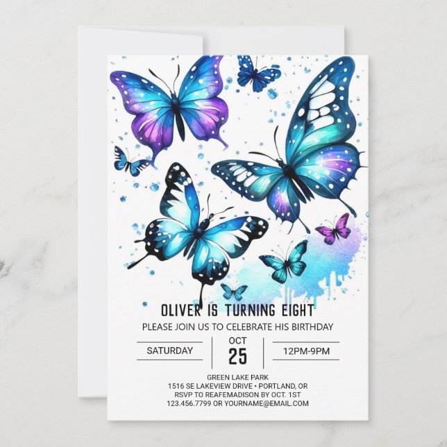 Pastel Blue Butterfly Boy Birthday Invitation (Front)
