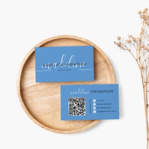 Pastel Blue Calligraphy Script QR code  Business Card