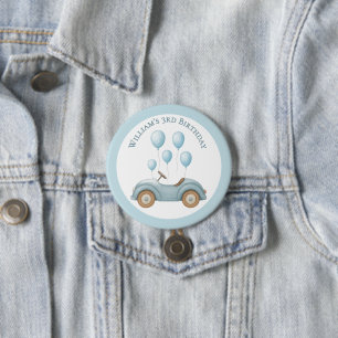 Pastel Blue Car & Balloons Birthday Party Button