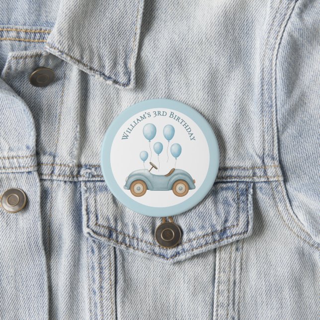 Pastel Blue Car & Balloons Birthday Party Button (In Situ)