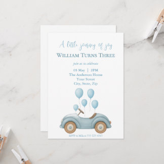 Pastel Blue Car & Balloons Boys Birthday Party -  Invitation