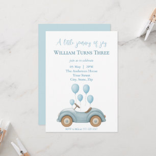 Pastel Blue Car & Balloons Boys Birthday Party - Invitation