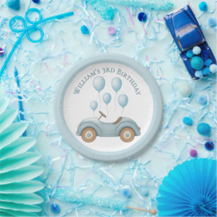 Pastel Blue Car & Balloons Boys Birthday Party -  Paper Plate