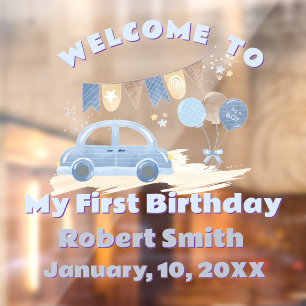  Pastel Blue Car with Balloons First Birthday Window Cling