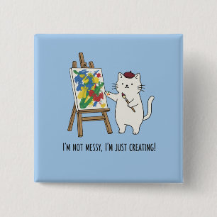 Pastel Blue Cat Artist Painting Abstract Messy 15 Cm Square Badge