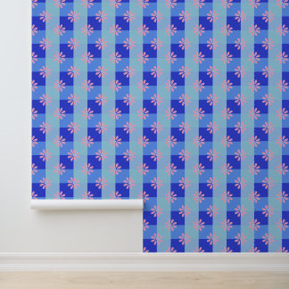 Pastel Blue Chequerboard Floral Pattern Wallpaper