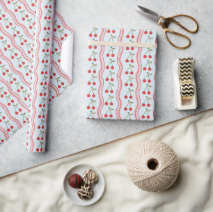 Pastel Blue Cherry & Scallop Stripe Pattern Wrapping Paper