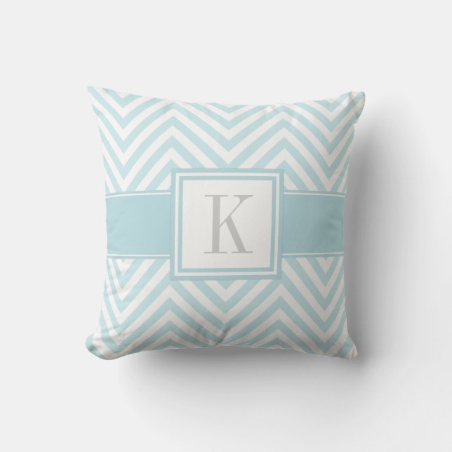 Pastel Blue Chevron Stripes with Your Monogram Cushion (Front)