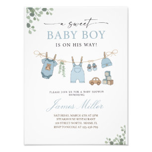 Pastel Blue Clothesline Baby Boy Shower Invitation Photo Print
