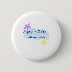 Pastel blue clouds stars purple happy birthday nam 6 cm round badge