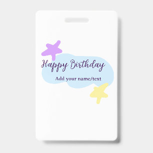 Pastel blue clouds stars purple happy birthday nam ID badge