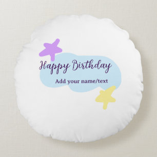 Pastel blue clouds stars purple happy birthday nam round cushion