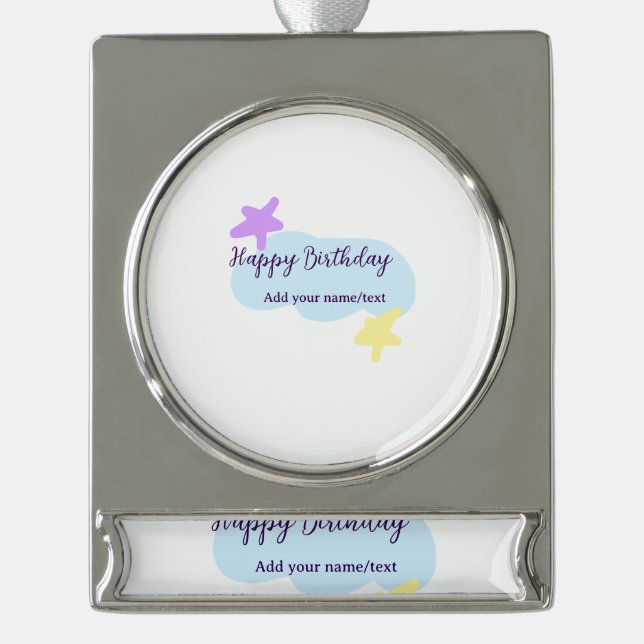 Pastel blue clouds stars purple happy birthday nam silver plated banner ornament (Front)