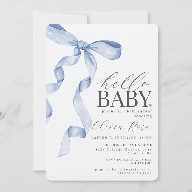 Pastel Blue Coquette Bow Girl Baby Shower Invite (Front)