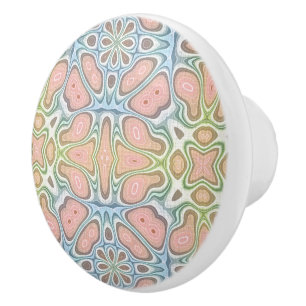 Pastel Blue Coral Pink Red Green Tribal Pattern Ceramic Knob