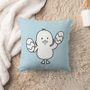 Pastel Blue Cute Easter Chick & Eggs Illustration Cushion
