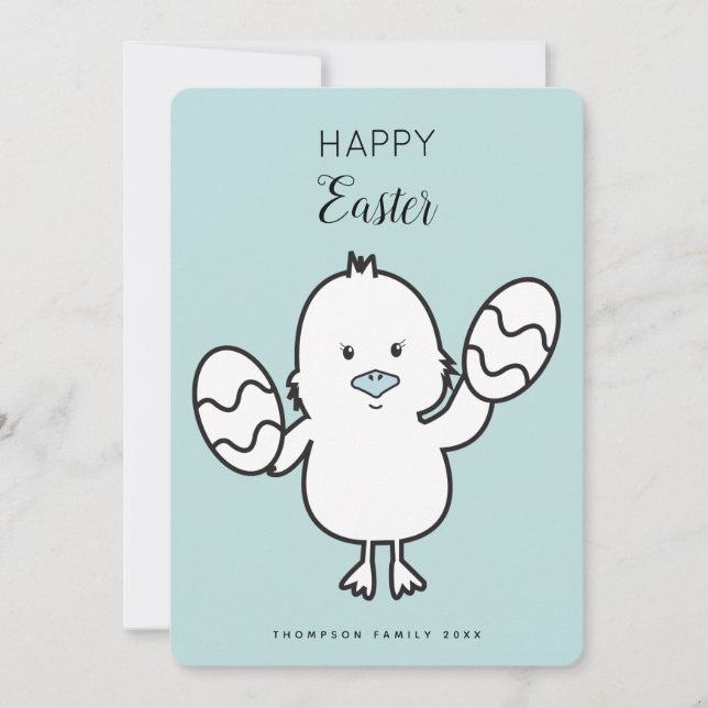 Pastel Blue Cute Easter Chick & Eggs Illustration  Holiday Card (Front)